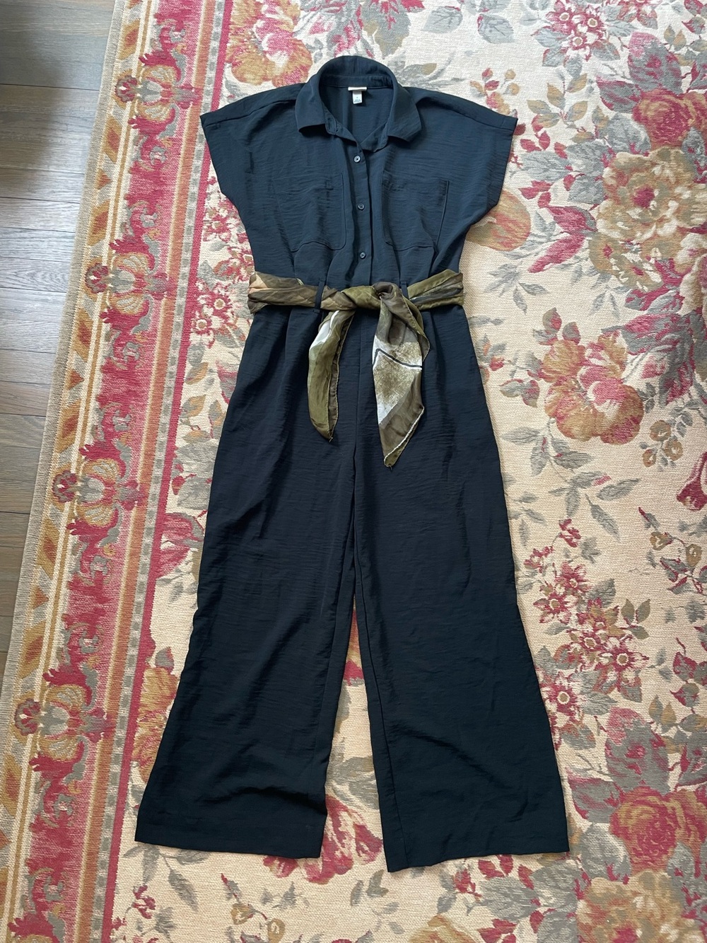 Black Shortsleeve Women's Button-Front Jumpsuit with Olive Sash